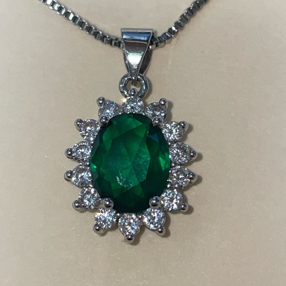 925 Sterling Silver Green Emerald-Style Halo Pendant Necklace w/ CZ Accents